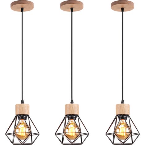 Pendant Light in Cage Diamond Made of Metal E27 Ceiling Light in Wood for Kitchen Island Dining Room Black 3PCS (1/5)