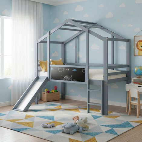 Letto a casetta 90 x 200 cm design mansardato con scala di sicurezza, scivolo e lavagna, sommier a doghe, letto singolo in legno massello, per camera bambini - Grigio