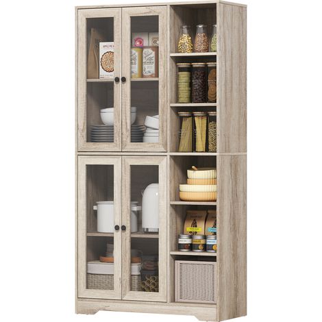 Buffet de Cuisine avec Vitrines, 4 Portes Fermeture Douce et Étagères Réglables, 90x35x172 cm Gris Clair (1/5)