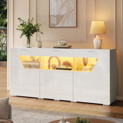 Buffet bas led connecté 160x38x78 cm meuble de rangement salon avec 3 portes vitrées design laqué blanc en panneau de particules (1/5)