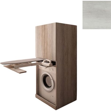 Mobile Lavanderia a Colonna per Lavatrice con Asse da Stiro e Ante Superiori 70x70x174A cm in Nobilitato Unika Olmo Bianco (1/3)