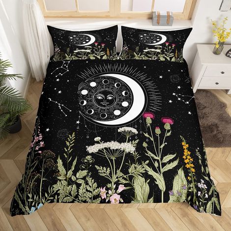 Parure de lit avec housse de couette pour enfants étoiles psychédéliques Motif floral Noir et blanc Galaxie 135 x 200 cm (1/5)