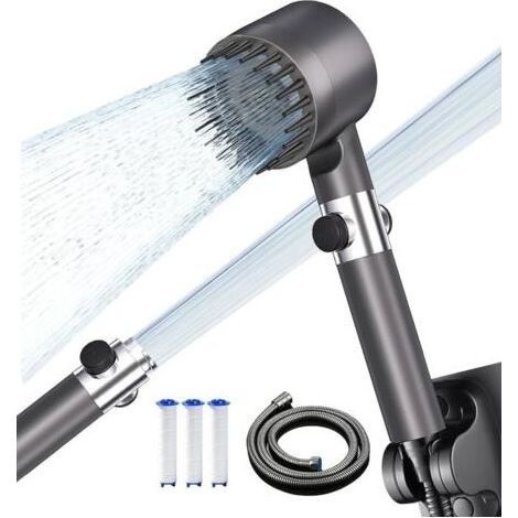 Pommeau Douche Anti Calcaire Haute Pression, Pommeau de douche avec Filtre Economie Deau, 3+1 Types de Jets Douchette Douche Salle de Bain avec Bouton D'arrêt D'eau,avec Tuyau1.5M et Support,Gris (1/4)