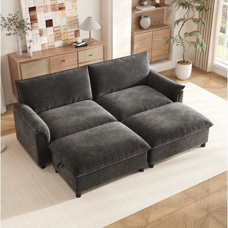 Canapé modulaire 216x77x82 cm noir en chenille avec 2 poufs mobiles, coffre de rangement et fonction lit (1/5)
