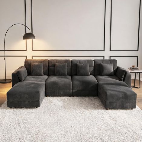Canapé modulaire en Angle Gris avec Poufs et LED en chenille (1/5)