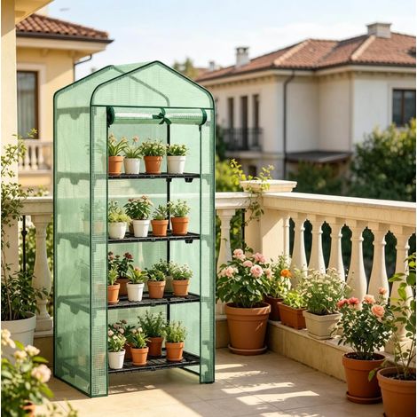 Serra da giardino mini a 4 ripiani con ruote e porta avvolgibile verde DESVIAE (1/5)