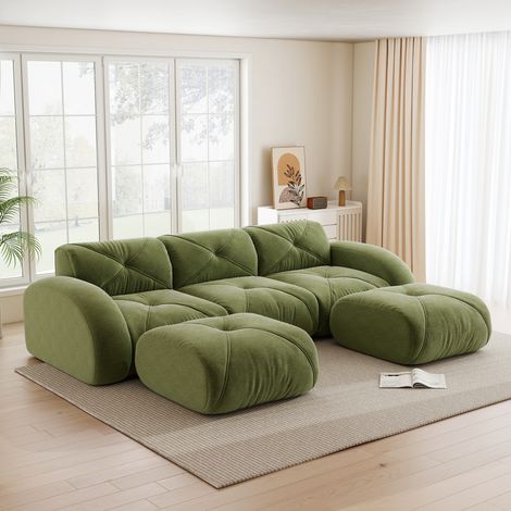 Canapé modulable 3 places vert en chenille avec 2 poufs, sans montage (1/5)