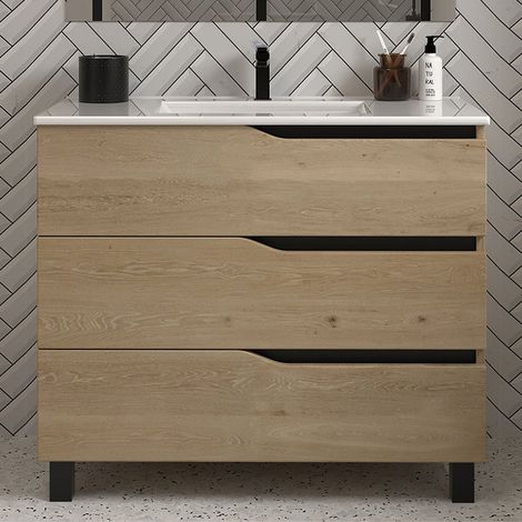 Meuble de salle de bain 80cm simple vasque - sans miroir - 3 tiroirs - madera miel (bois clair) - MATA (1/4)