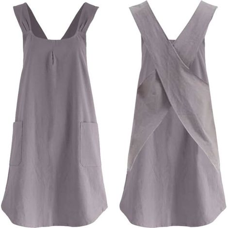Tablier Femme Coton Lin Uni Style Japonais Coréen Désinvolte Bretelles Croisées Espaceuses 2 Poches Tablier Gris[CA129] (1/5)