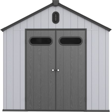 Abri de jardin gris et noir en résine 8 x 10 pieds avec toit à deux pentes et porte battante pour jardin cour et terrasse (1/5)