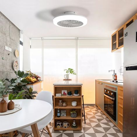 Ventilatore da soffitto con luce 46 cm, motore DC reversibile, telecomando, bianco OKMYHOME (1/5)
