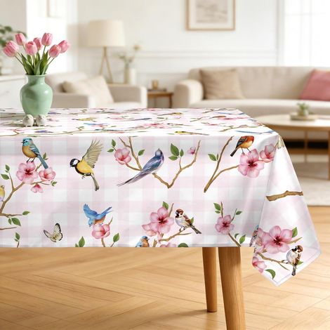 Nappe 140x180 cm motif oiseau-fleur, lavable, rectangulaire