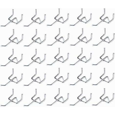 50pcs Crochets pour Panneaux Perforés, Espacement des Trous de 25 mm Épaisseur 32 mm Longueur 50 mm Crochets Muraux Garage Crochets pour Panneaux Muraux Outils Rangement de Garage (Argen (1/5)