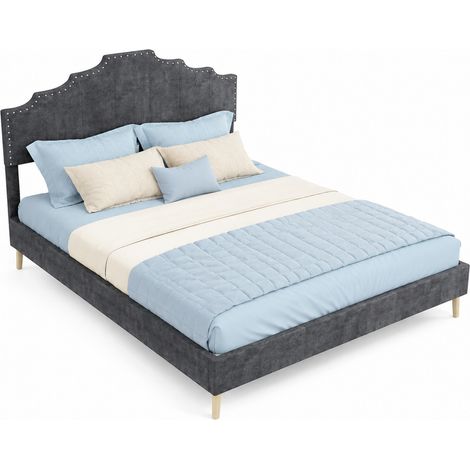 Struttura letto 140x200 cm grigia in tessuto e metallo, testiera morbida, senza materasso - CHICFURN (1/5)