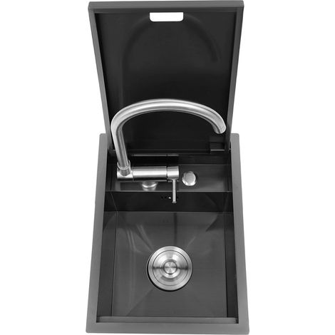 Lavabo caché, 44 x 32 x 21 cm, 1 bac avec couvercle, rectangulaire, encastrable avec robinet pliable, rotatif à 360 °, en acier inoxydable 304, pour cuisine, bar, café, restaurant (1/5)