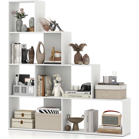 COSTWAY 4-Tier Stepped Bookshelf Modern Ladder Bookcase w/6 Storage Cubes-White (1/5)