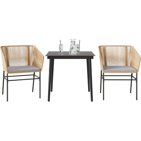 3-tlg. Garten-Essgruppe mit Kissen Braun Poly Rattan Glas