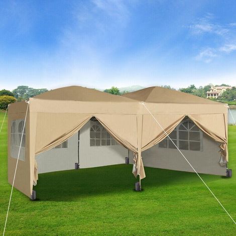 Pop-up Gazebo 3m x 6m with Sides Wind Bars & 6 Weight Bags Water Proof Canopy BEIGE