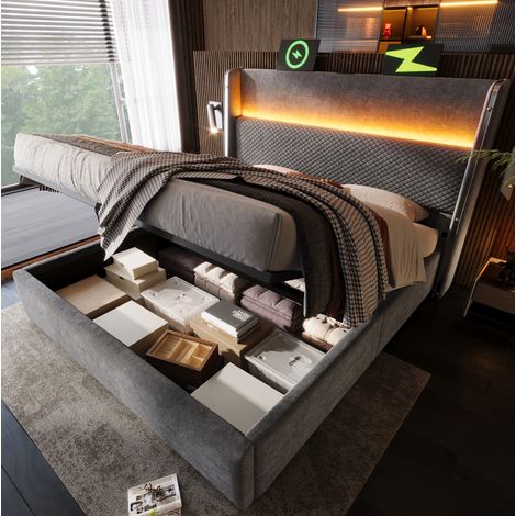 DESVIAE Lit double hydraulique avec rangement et led 160 x 200 cm tête de lit haute avec ports usb et type c gris en tissu style lin (1/4)
