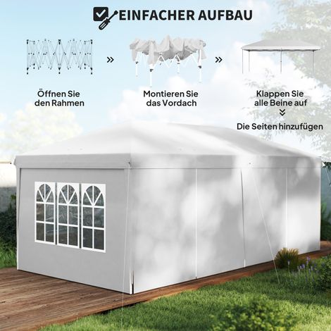 Pavillon pliant 6x3 m avec panneaux latéraux amovibles, grandes fenêtres, portes zippées, armature en acier, blanc (1/4)