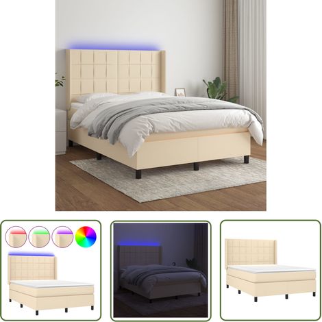 The Living Store Sommier à lattes de lit matelas et LED Crème 140x200 cm Tissu - Sommier Tapissier - Lit Plateforme - Lit Avec Rangement - Tête De Lit Ajustable - Éclairage Led (1/5)