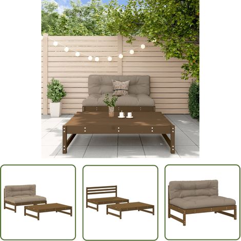 The Living Store 2-tlg. Garten-Lounge-Set mit Kissen Honigbraun Massivholz - Gartenmöbel - Loungeset - Gartenloungesessel - Holz Gartenmöbel - Rattan Möbel (1/5)