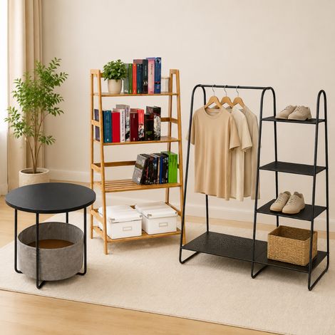 Conjunto de muebles para el recibidor 3 piezas perchero de metal negro estanteria de bambu y mesita auxiliar redonda 227000231 227000231 (1/5)