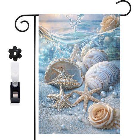 Drapeau de jardin bienvenue 30 x 45 cm motif coquillages escargots et étoiles de mer toile double face (1/5)