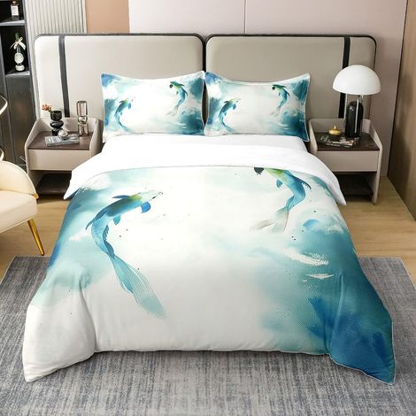 Parure de lit en coton avec housse de couette de 200 x 200 cm, motif poissons koï, pour enfant garçon fille bleu sarcelle (1/5)