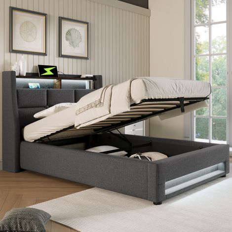 Cama individual 90x200 cm tapizada cabecero acolchado con almacenaje lino color gris (Sin colchón) (1/5)