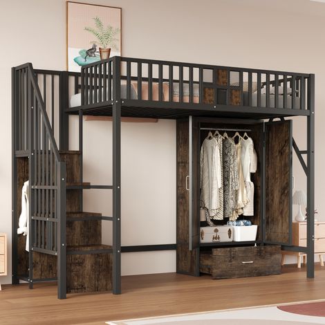 Lit mezzanine 90x200 cm métal et bois noir avec armoire, tiroir, étagères et échelle de rangement (1/5)