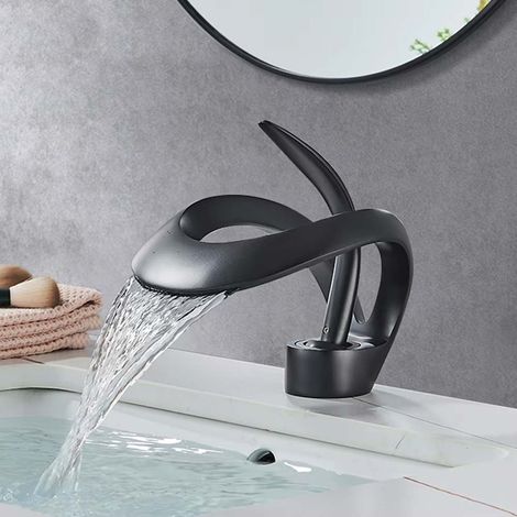 BOMCLAP 1 rubinetto da bagno moderno a cascata con maniglia singola, rubinetto per lavabo in ottone massiccio montato sul piano per lavandini del bagno (1/5)