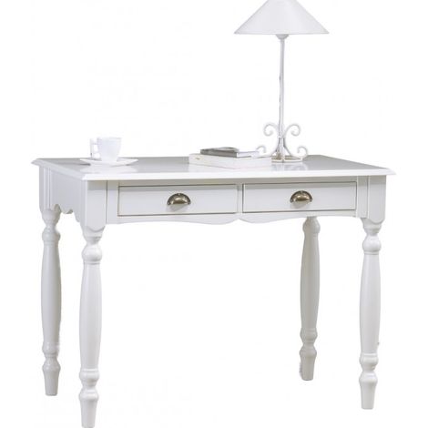 Beaux Meubles Pas Chers – Bureau droit blanc 2 tiroirs – Dimensions 100x56.4x74.3 cm – Structure MDF avec pieds en pin massif – Montage facile, livraison gratuite (1/5)