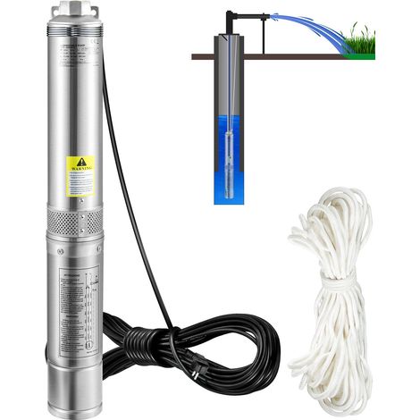 Pompe immergée pour puits profond, 750W 230V/50Hz, débit 105L/min, hauteur 62m, résistante au sable 5%, cordon 20m, acier inoxydable 8,9cm, usage industriel, irrigation et domestique, étanche IP68. (1/5)