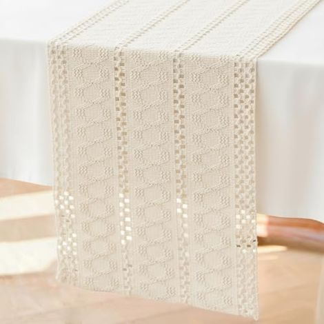 Beige-weißer Boho-Tischläufer aus Makramee, Tischdekoration aus Baumwoll-Leinen-Gewebe, moderne, waschbare Tischdecke im Boho-Stil für Hochzeiten, Hochzeiten, Landhauspartys, rustikale Esszimmer, Gebu (1/5)