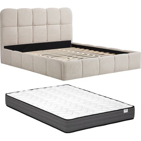 Lit 140 x 190 cm – Tissu texturé – Beige + Matelas – DILUDO (1/5)