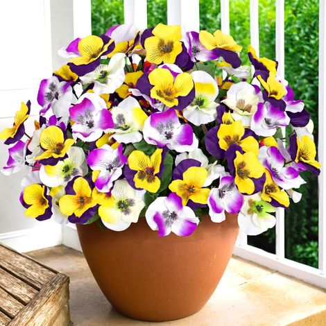 Lot de 10 paquets de fleurs artificielles comme de vraies plantes de balcon artificielles - Résistant aux UV - Fleurs artificielles - Jardinière de balcon (jaune et blanc) (1/5)