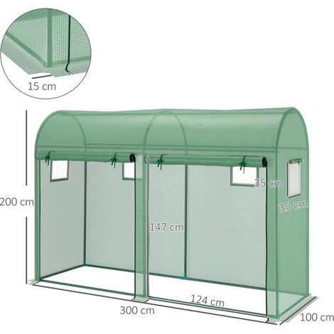 Serre verte 3m² 3x1x2m PE 140g/m² anti-UV, 2 portes zippées 4 fenêtres enroulables