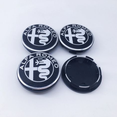 (Noir et blanc, 4 cache-moyeux de 50 mm) - 4 cache-moyeux noirs neufs de 50 mm, compatibles avec les modèles Alfa Romeo Giulietta GT, Mito Brera et Giulia F1. (1/5)