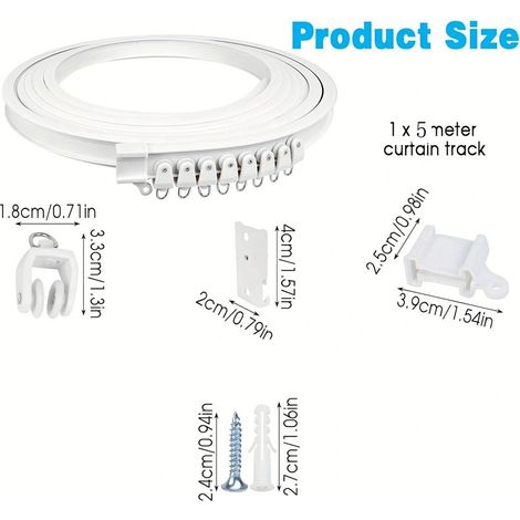 Ensemble de rail à rideaux blanc de 5 mètres comprenant des clips, des crochets, des poulies, des supports de fixation et des accessoires.
