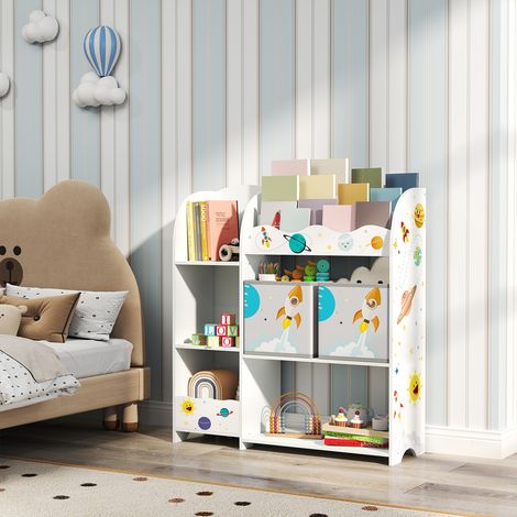 Songmics – Bibliothèque enfant blanche avec 3 compartiments – 2 tiroirs en tissu – Coins arrondis et kit anti-basculement – Décorative avec autocollants (1/5)