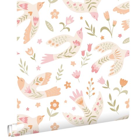papier peint fleurs et oiseaux blanc, rose et orange - ESTAhome