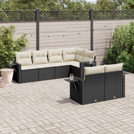 Canapé d'Angle Jardin 7 Places Résine Tressée Noir avec Coussins Crème - Ensemble Modulaire Salon Extérieur (1/5)