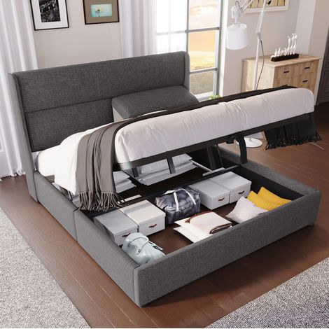 Letto matrimoniale 217x145x113 cm grigio in lino con contenitore idraulico e materasso 140x200 cm (1/5)