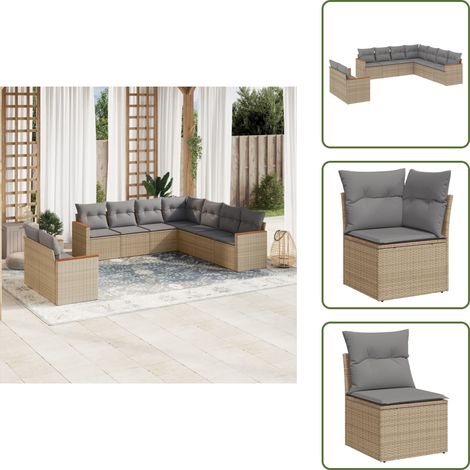The Living Store 9-tlg. Garten-Sofagarnitur mit Kissen Beige Poly Rattan - Gartensortiment - Esszimmergarnitur - Lounge Set - Outdoor Furniture - Gartenmöbelset (1/5)
