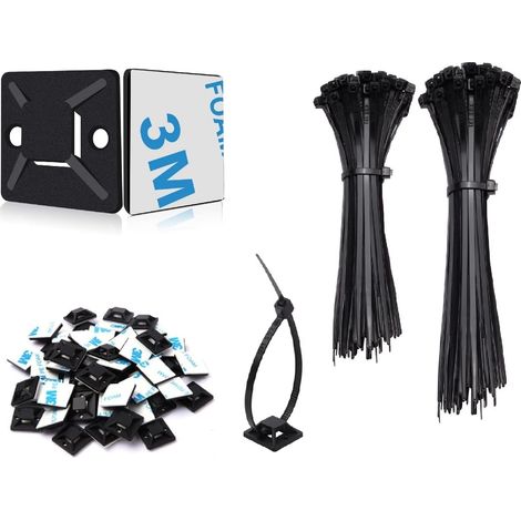 Serre Câbles, 200 Pièces Attaches de Câble 120mm/150mm et 100 Pièces Base de Auto-adhésives, Nylon Collier de Serrage Plastique, Résistant aux UV, Pour Gérer les Différents Câbles, Noir (1/5)