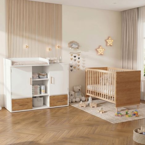 Set fasciatoio e lettino con sponde 114x53x92 cm e 70x140x87 cm, vani portaoggetti, legno massello e MDF, naturale bianco