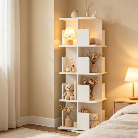 MEUBLIV Drehbares Bücherregal Weiß 39,5x39,5x128 cm - 4 Ebenen, 16 Fächer (1/4)