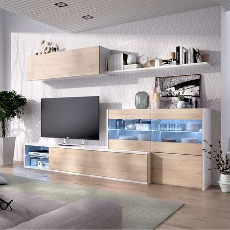 Mueble salón Espeluy flexible en blanco/natural con leds 260 cm(ancho), 41 cm(largo) Color BLANCO BRILLO-NATURAL (1/4)