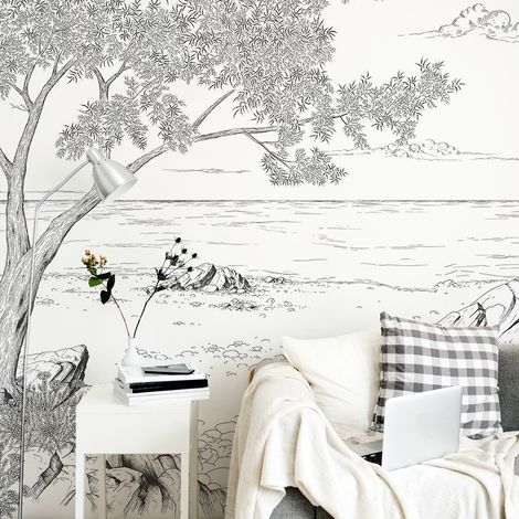 Papier peint La crique Méditerranéenne, Noir et blanc 450 x 250cm (1/5)
